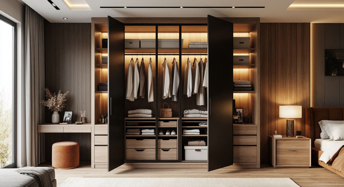 A sleek, built-in wardrobe seamlessly integrated into a modern Turkish bedroom wall, with neatly arranged clothes and storage boxes inside, surrounded by warm wooden furniture and soft lighting.