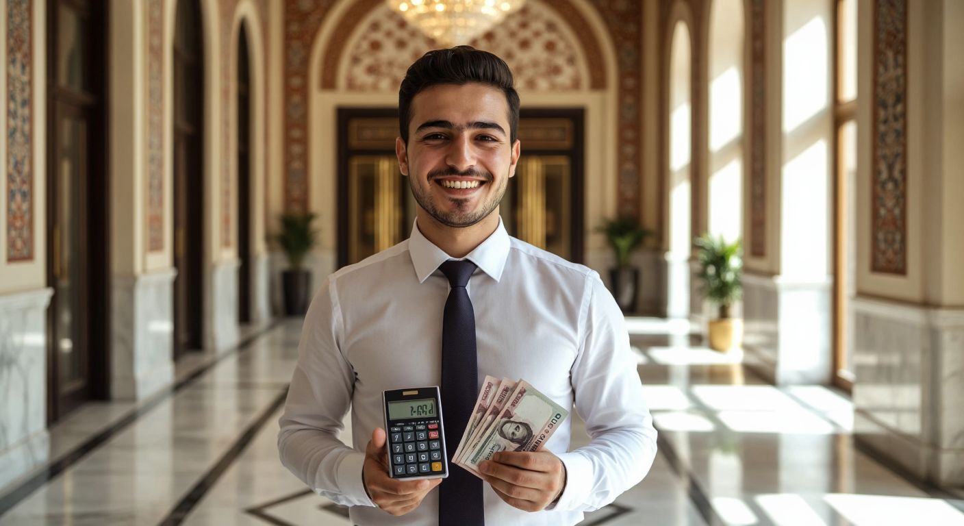 A Turkish banker in a crisp white shirt and dark tie smiles warmly while holding a calculator and a stack of lira banknotes, standing in a sunlit bank with marble floors and traditional Turkish motifs on the walls.