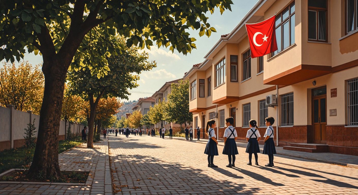 A sunlit street in Sivas' Kardeşler Mahallesi, with a modern school building featuring a Turkish flag, surrounded by children in uniforms chatting near a cobblestone sidewalk and blooming chestnut trees.