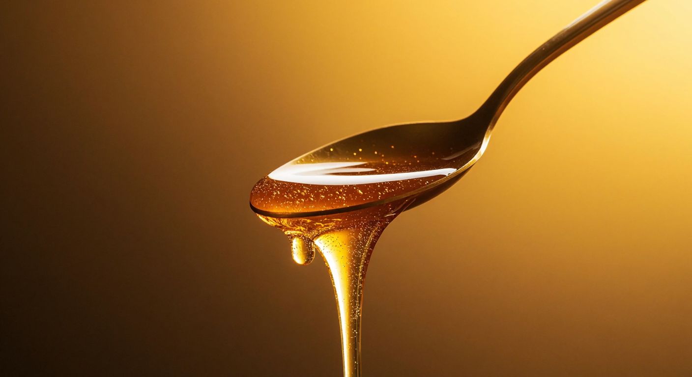 A small golden spoon dripping with honey against a warm amber background, evoking the natural sweetness and energy of Turkish honey.