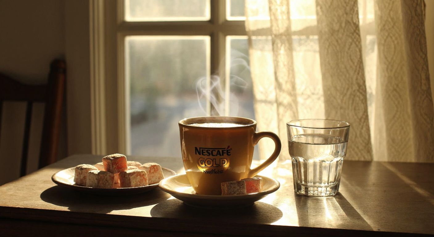 A warm, cozy Turkish kitchen with a steaming cup of Nescafe Gold Kafeinsiz on a wooden table, surrounded by a small plate of Turkish delight and a glass of water, with soft morning light filtering through lace curtains.