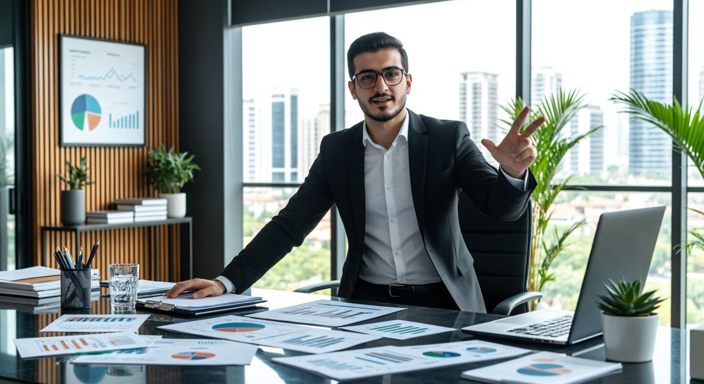 A confident Turkish financial advisor in a sleek office gestures toward a diverse array of investment charts and assets spread across a table, symbolizing expansive portfolio management beyond basic offerings.