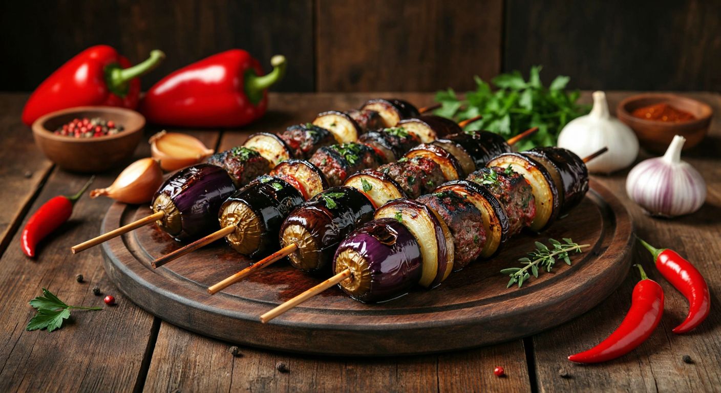 A rustic wooden table in a Turkish kitchen holds a sizzling skewer of grilled *kemer patlıcan* (eggplant) kebabs, glistening with olive oil and sprinkled with fresh herbs, surrounded by vibrant red peppers and golden onions.