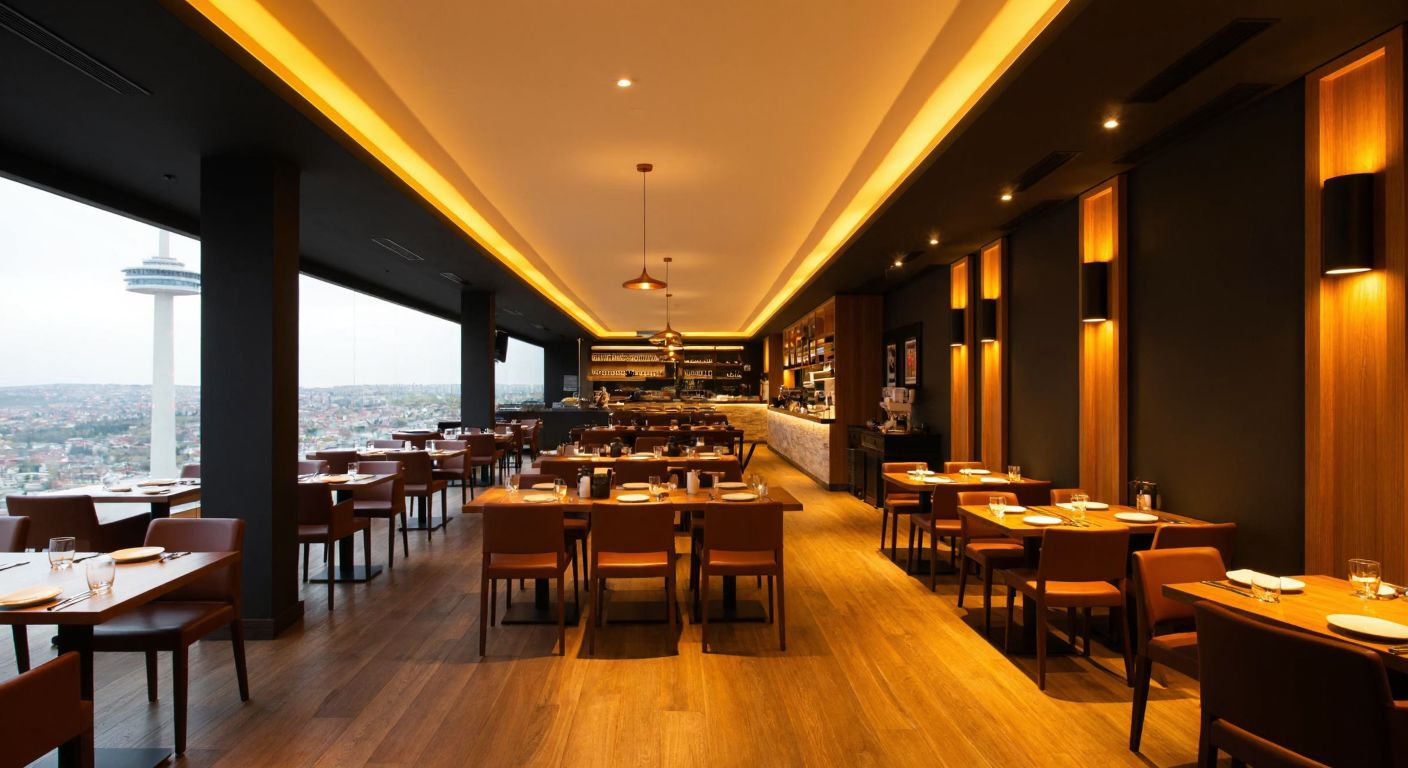 A modern Italian restaurant with warm lighting and sleek wooden furniture, nestled at the base of the iconic Atakule Tower in Ankara, with a stylishly dressed Turkish host welcoming guests inside.