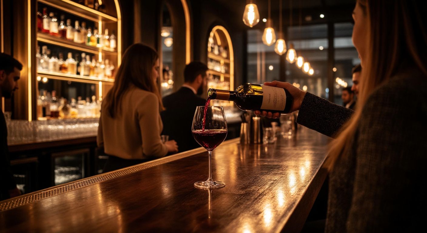 A dimly lit, upscale bar in Suadiye with polished wooden tables, soft amber lighting, and a bartender pouring a deep red wine into a crystal glass, surrounded by elegantly dressed patrons in muted tones.