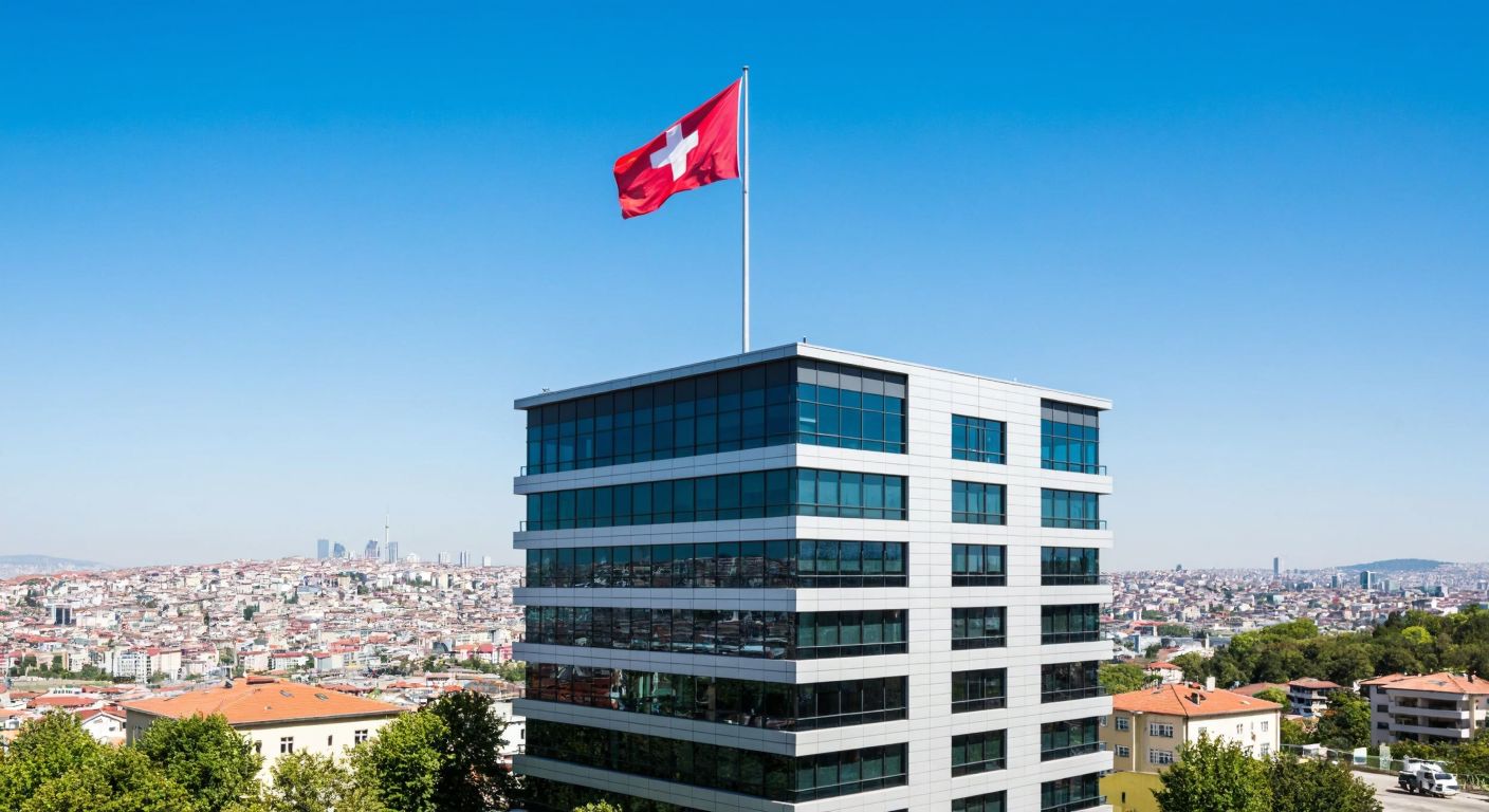 A sleek, modern office building with a Swiss flag flying atop, set against a backdrop of Istanbul’s skyline, symbolizing Regus’s global presence under Swiss ownership.
