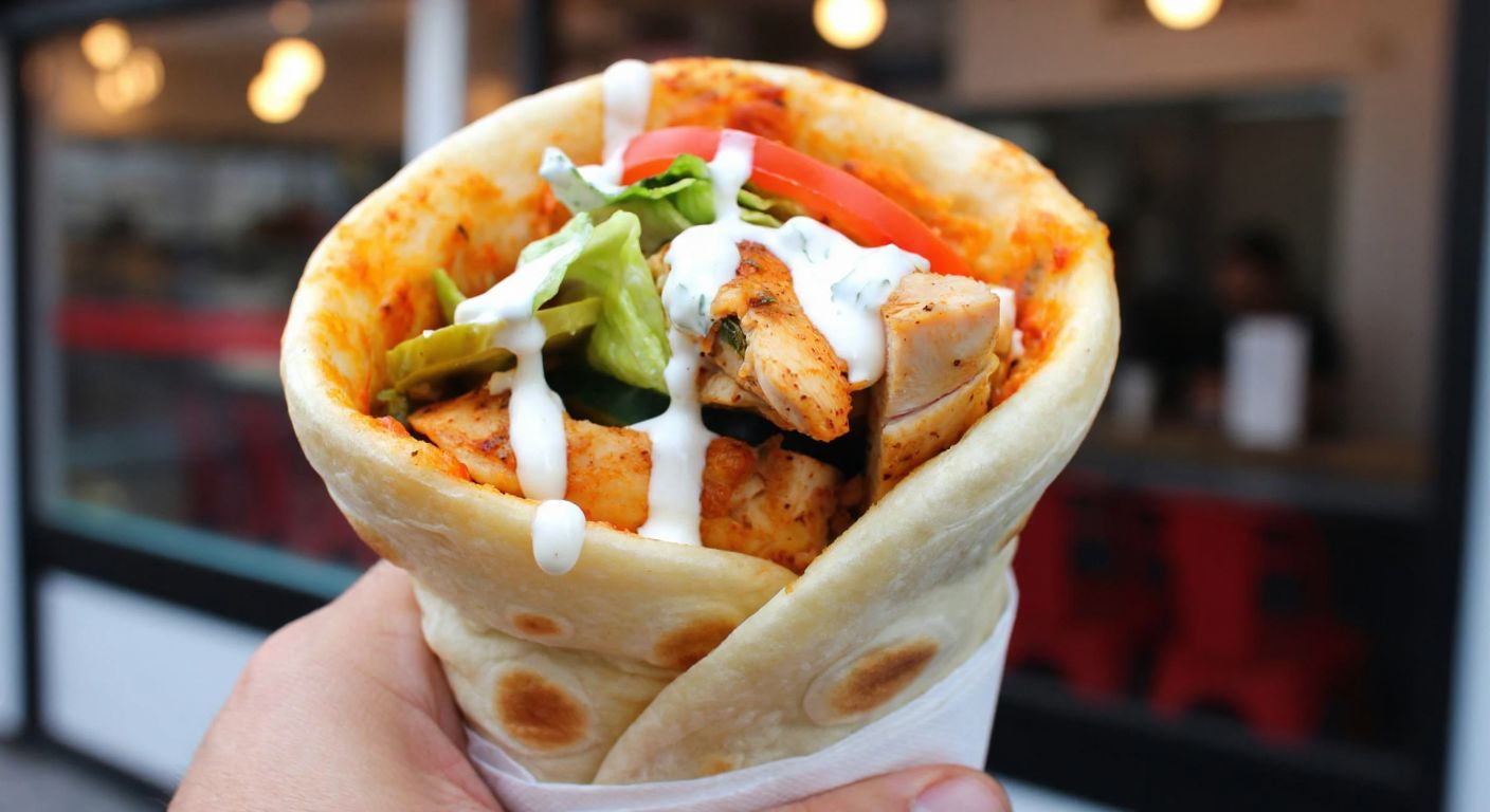 A steaming, golden-brown **tavuk dürüm** wrapped in thin lavash, filled with juicy grilled chicken slices, fresh vegetables, and drizzled with creamy sauce, held by a hand against a backdrop of a bustling Turkish street food stall.