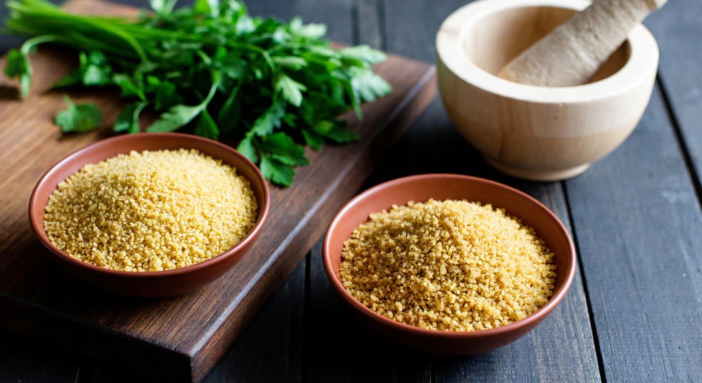 A rustic wooden table in a Turkish kitchen holds two small bowls—one filled with fine golden bulgur for kısır, the other with coarser, larger-grained bulgur for köfte, next to fresh herbs and a mortar.