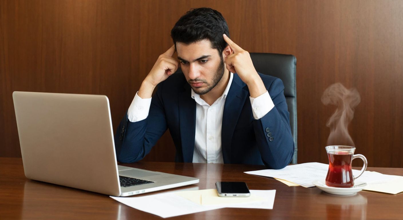 A frustrated young professional in Istanbul sits at a wooden desk with a laptop, rubbing their temples while looking at a blank screen, surrounded by a steaming cup of Turkish tea and scattered papers.