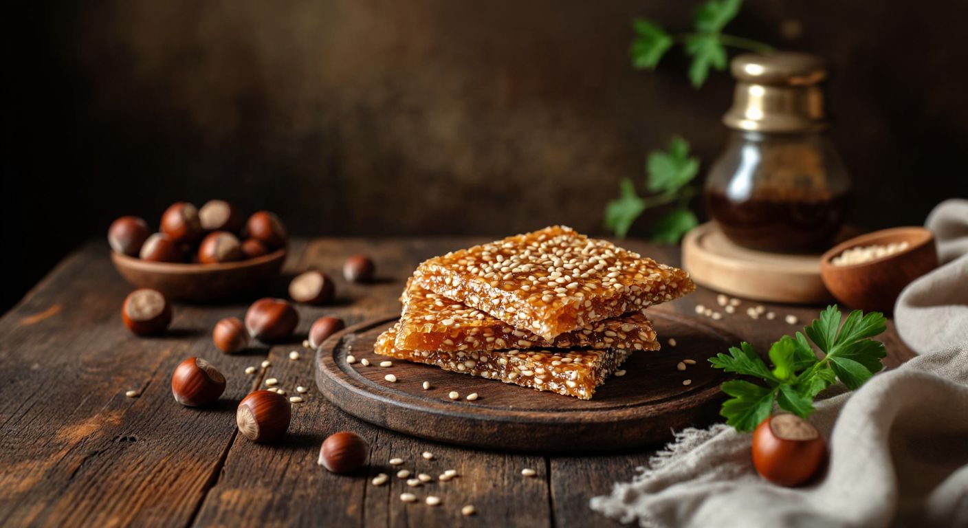 A golden-brown krokan (nutty sesame brittle) sits on a rustic wooden table, surrounded by fresh hazelnuts and sesame seeds, with a smiling woman in a traditional Turkish kitchen admiring its glossy texture.