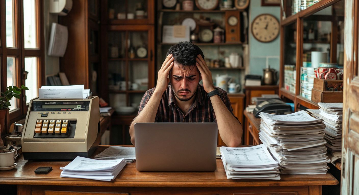 A frustrated small business owner in Turkey sits at a cluttered wooden desk with a traditional cash register and a laptop, rubbing their temples while staring at a pile of invoices.