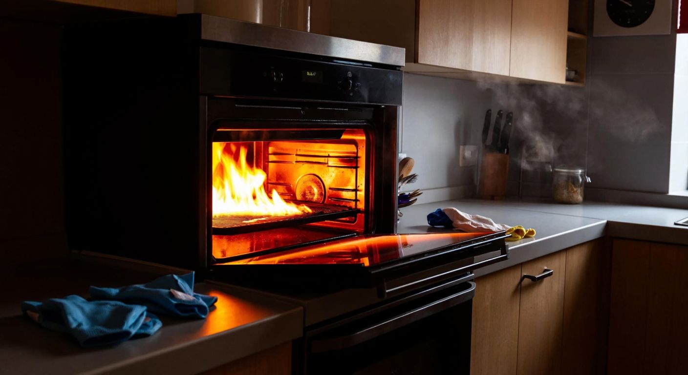 A modern oven glowing with intense heat inside a Turkish kitchen, surrounded by cleaning gloves and a mask on the counter, while steam rises from its closed door.