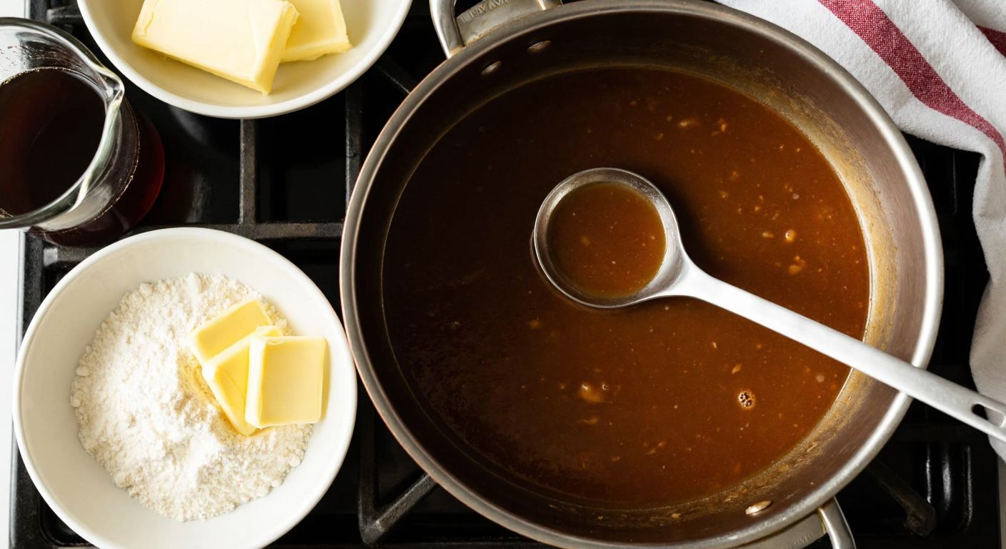 A steaming pot of rich brown gravy sits on a stove, with ingredients like golden melted butter, a bowl of flour, and a jug of dark meat broth arranged nearby, evoking warmth and savory aroma.