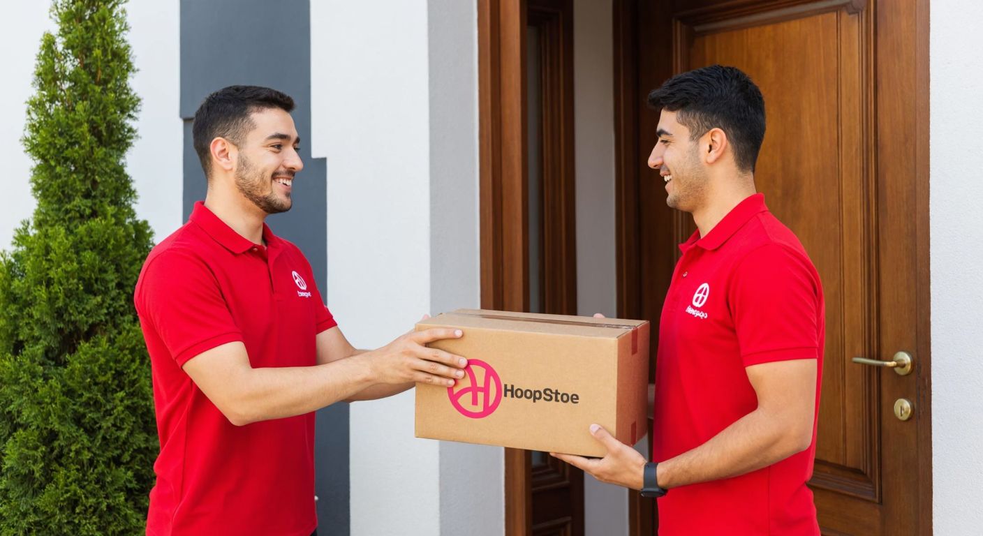 A cheerful Turkish courier in a red uniform hands a package to a smiling customer at their doorstep, with a vibrant Hooop Store logo on the delivery box.