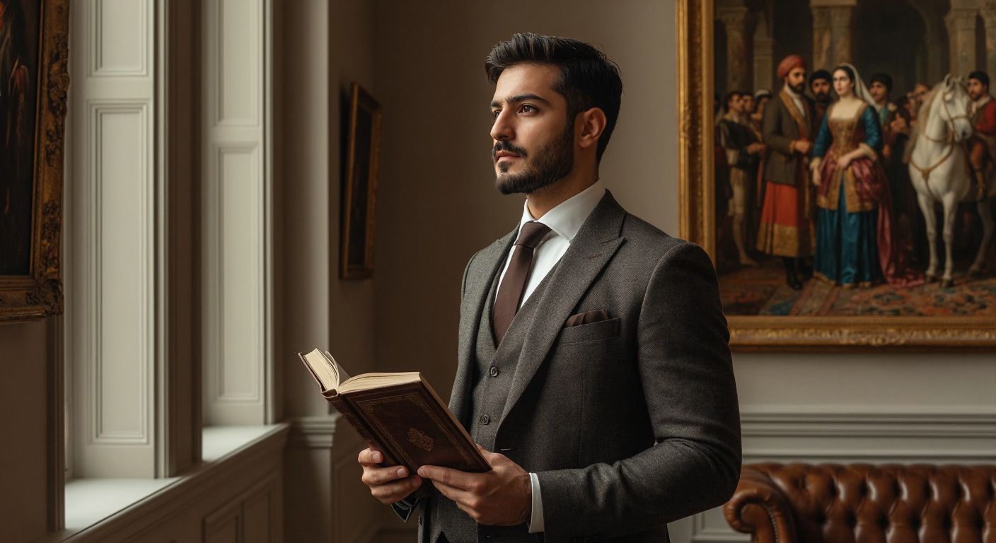 A distinguished Turkish businessman in a tailored suit stands thoughtfully in an elegant art gallery, admiring a classical Ottoman-era painting while holding a leather-bound book, with soft light highlighting his refined demeanor.