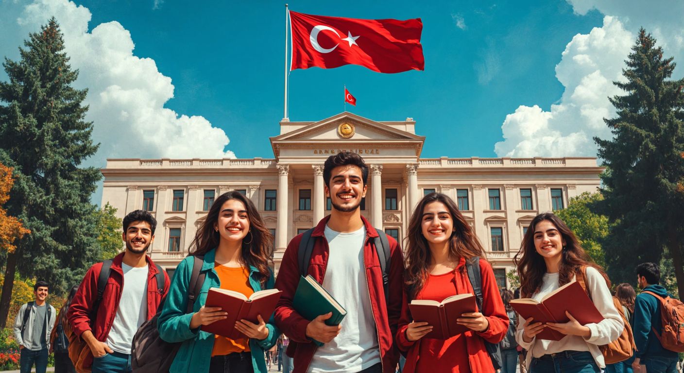 A grand university building with a Turkish flag flying high, surrounded by smiling students in modern attire carrying books, under a bright Ankara sky.