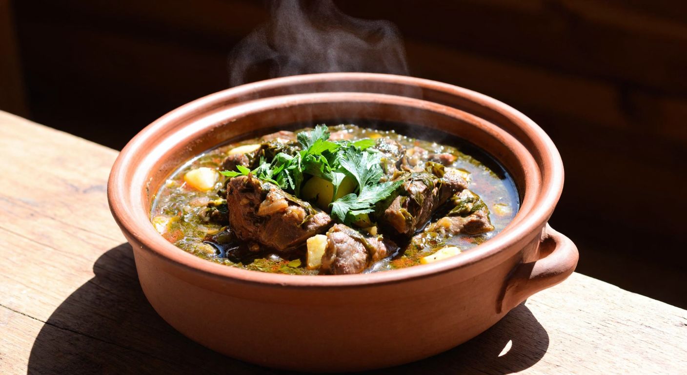 A steaming clay pot of aromatic arapsaçı stew with tender pieces of lamb, garnished with fresh parsley, resting on a rustic wooden table in a sunlit Turkish kitchen.