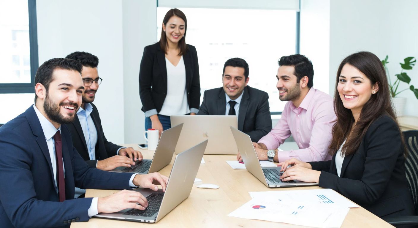 A group of Turkish businesspeople in a modern office, smiling and collaborating around a table with laptops and documents, symbolizing teamwork and shared management.