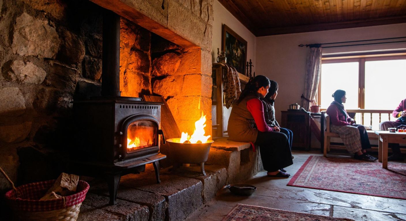 A rustic Turkish home with a cast-iron stove glowing warmly in the corner, surrounded by thick stone walls and a family gathered nearby, their faces lit by the fire's orange glow.