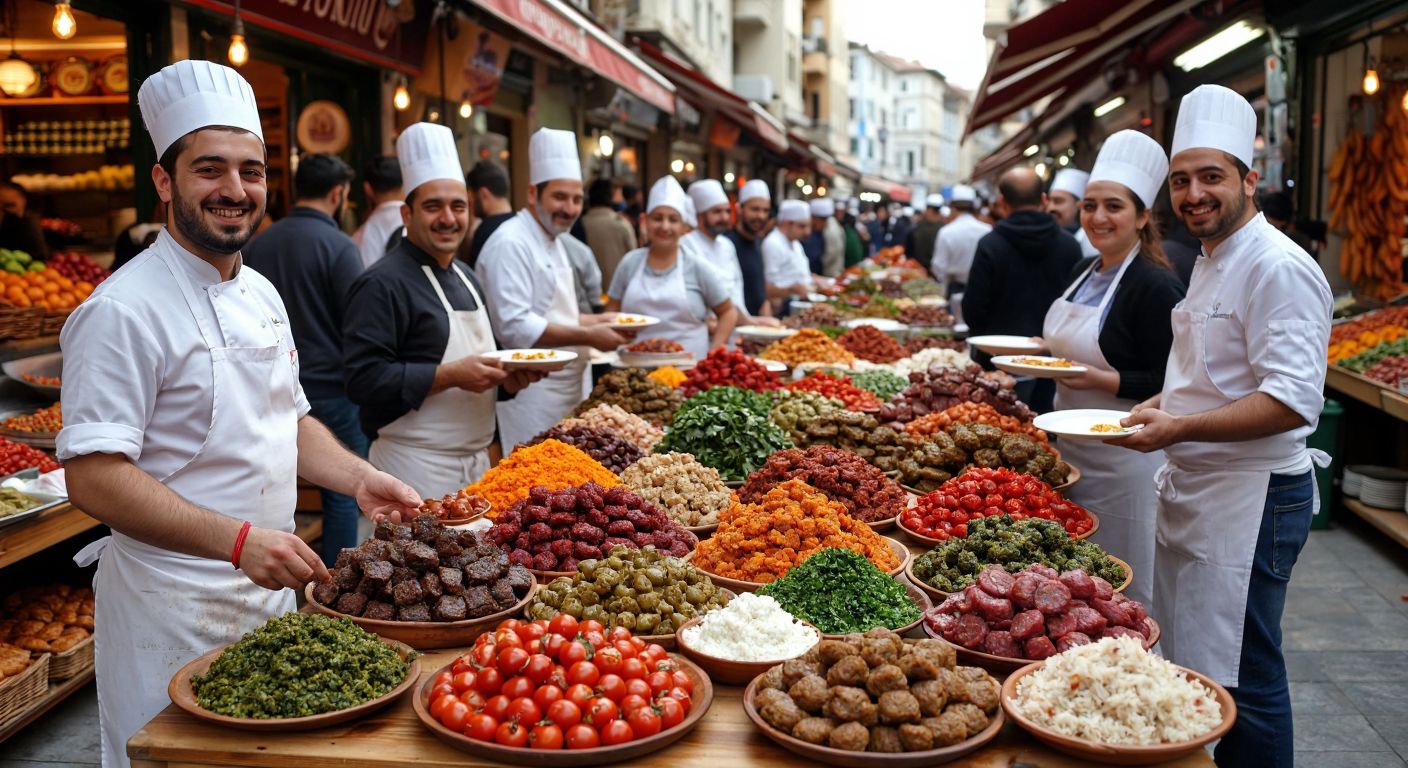 A vibrant Turkish marketplace with a long wooden table displaying dozens of colorful köfte varieties, surrounded by smiling chefs in white aprons and eager customers holding plates.  

(Note: The description avoids text, symbols, technology, and focuses on the cultural essence of Turkey through food, people, and setting.)