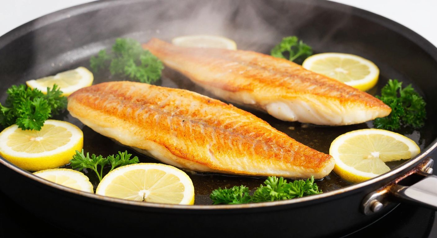A golden-brown sea bass and whiting fillet sizzling in a pan, surrounded by fresh lemon slices and sprigs of parsley, with steam rising from the tender, flaky fish.