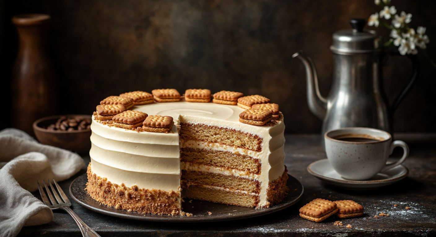 A creamy, layered latte cake with golden-brown burçak biscuits peeking through, set on a rustic Turkish kitchen counter beside a cup of freshly brewed coffee.