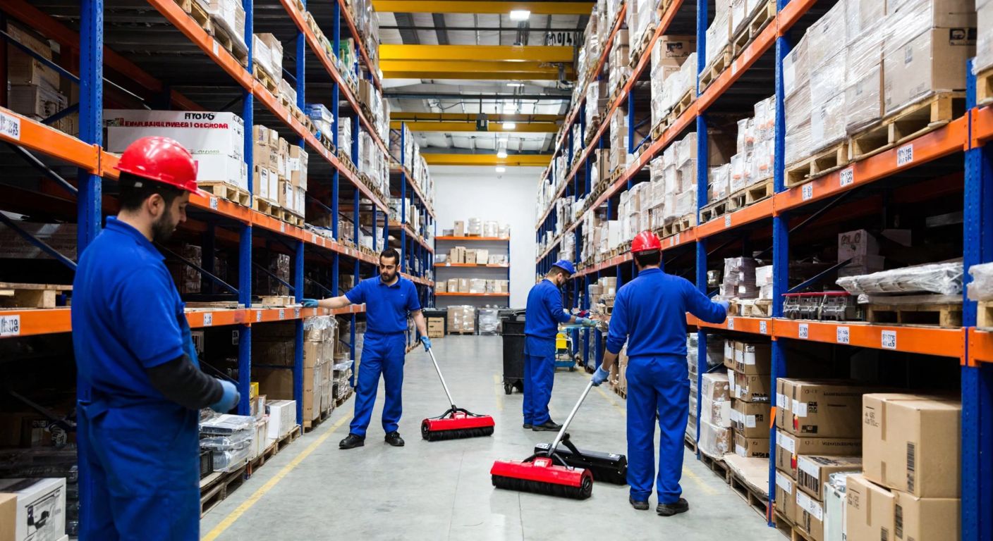 A well-organized Turkish warehouse with workers in blue uniforms sorting tools on labeled shelves, sweeping clean floors, and following a checklist, embodying efficiency and discipline.