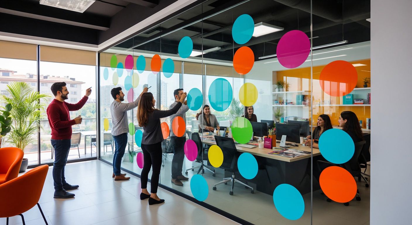A vibrant office in Turkey with employees cheerfully applying colorful, transparent, and logo stickers to glass doors, product packaging, and promotional materials, enhancing brand visibility and organization.