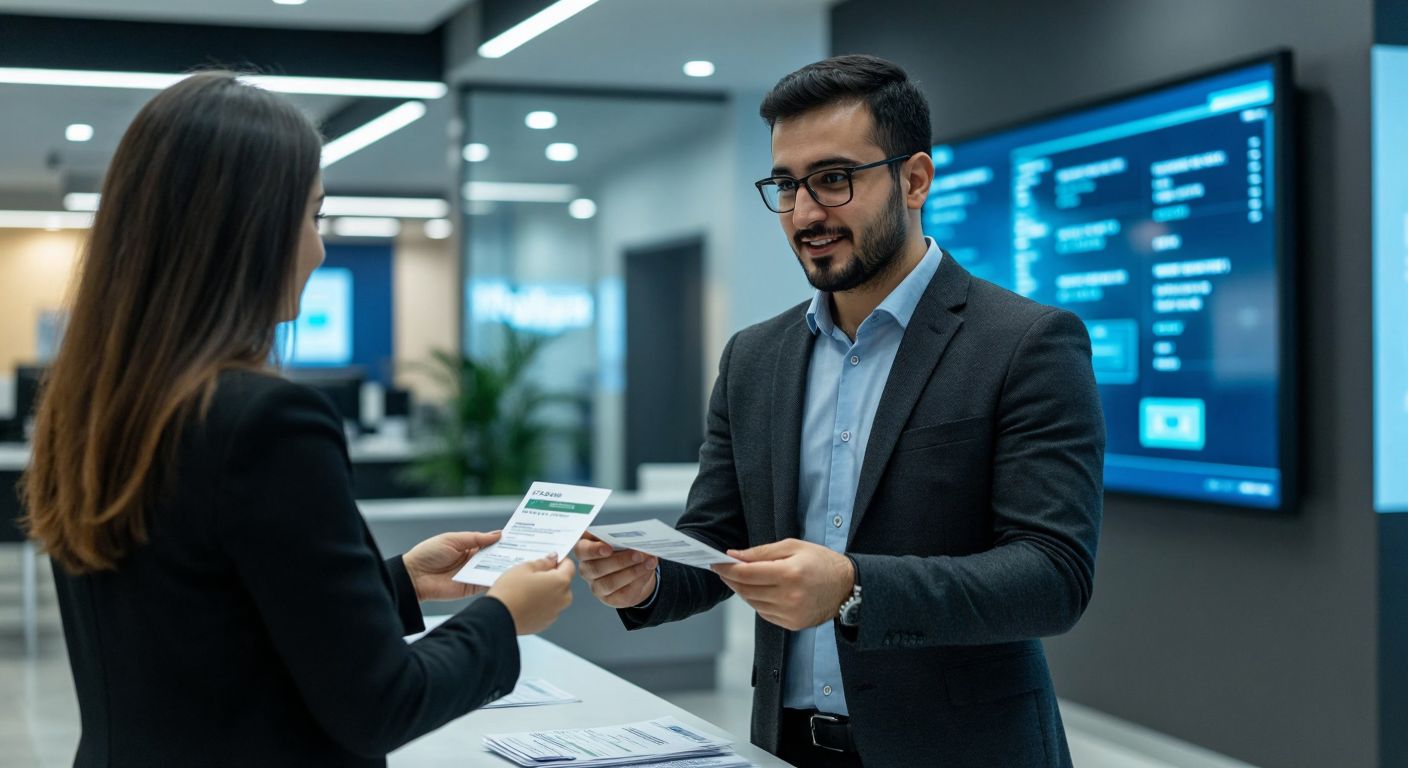 A Turkish bank teller in a modern branch confidently hands a customer a receipt while a digital transaction screen glows softly in the background, symbolizing secure money transfer processes.