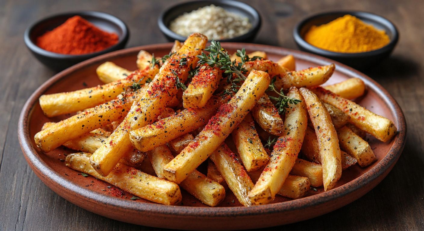 A golden-brown pile of crispy cornmeal-coated french fries dusted with red pepper flakes, black pepper, and thyme, served on a rustic clay plate beside small bowls of vibrant spices.