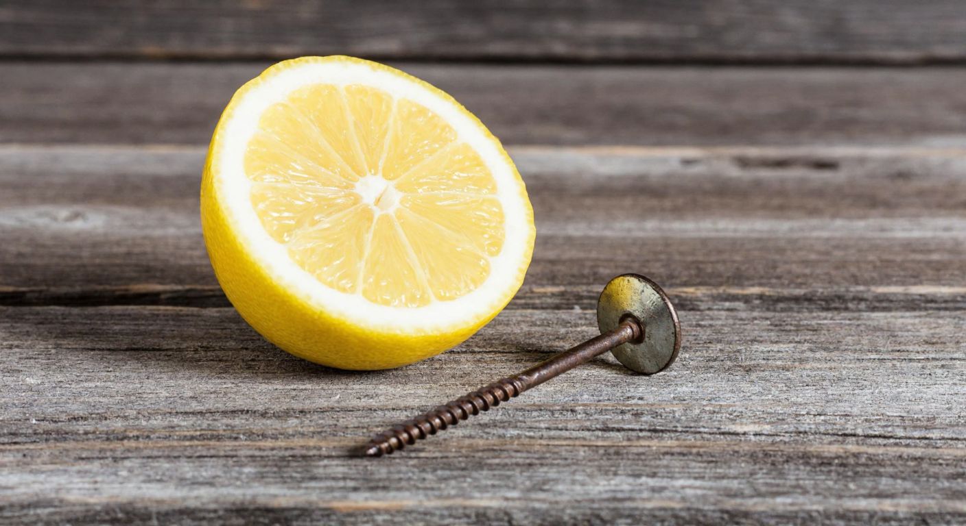 A bright yellow lemon sliced open on a rustic wooden table, with a small iron nail placed beside it, symbolizing the presence of iron in the fruit.