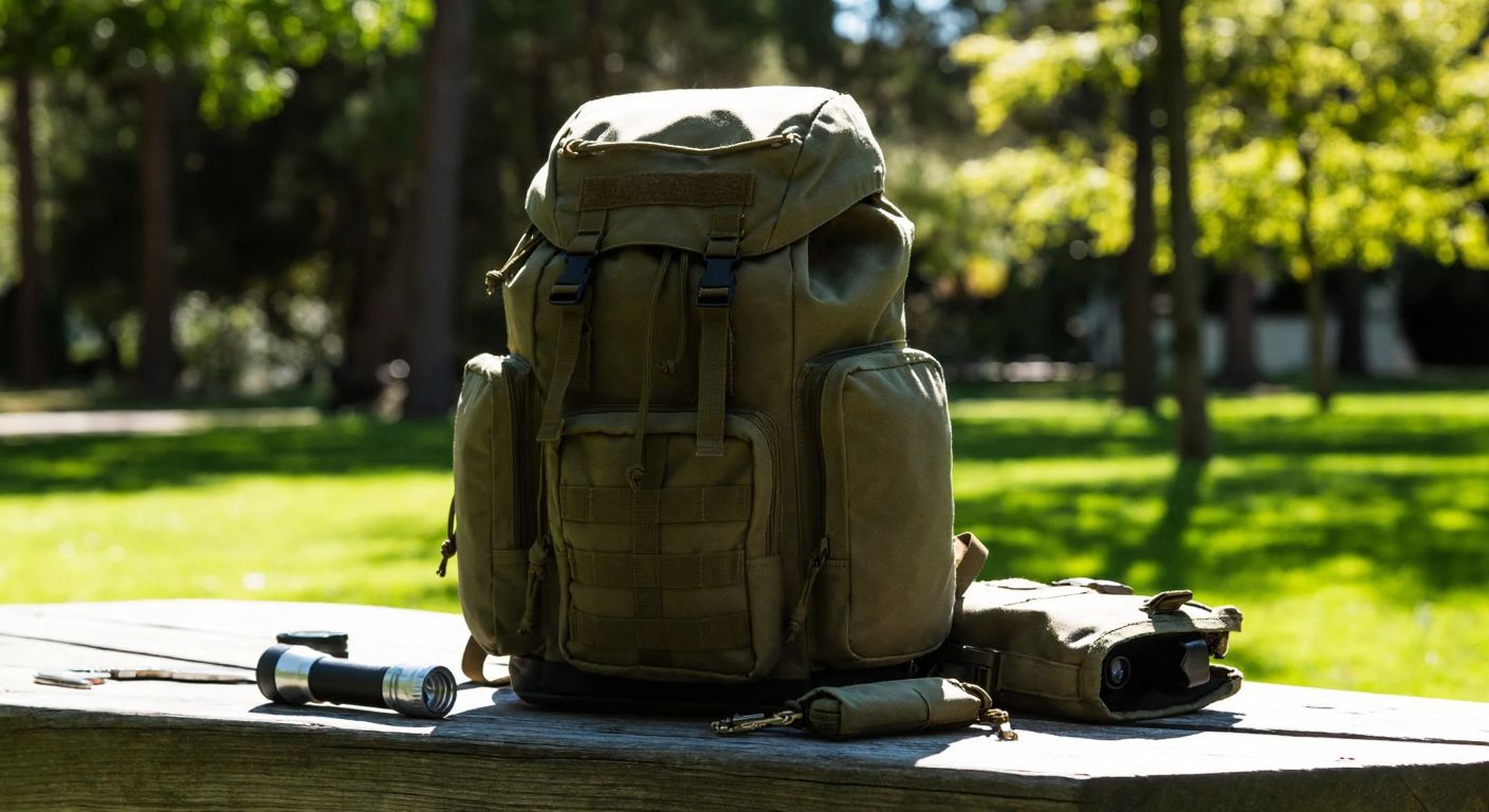 A rugged olive-green backpack with multiple compartments, placed on a wooden bench in a sunlit park, surrounded by scattered essentials like a flashlight, a first-aid kit, and a pocket knife, evoking preparedness and adventure.