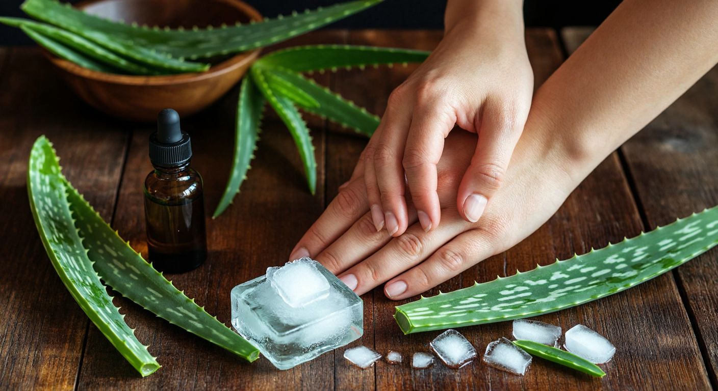 A close-up of a person’s red, irritated skin with a small ice pack gently pressed against it, surrounded by scattered aloe vera leaves and a small bottle of tea tree oil on a wooden table.