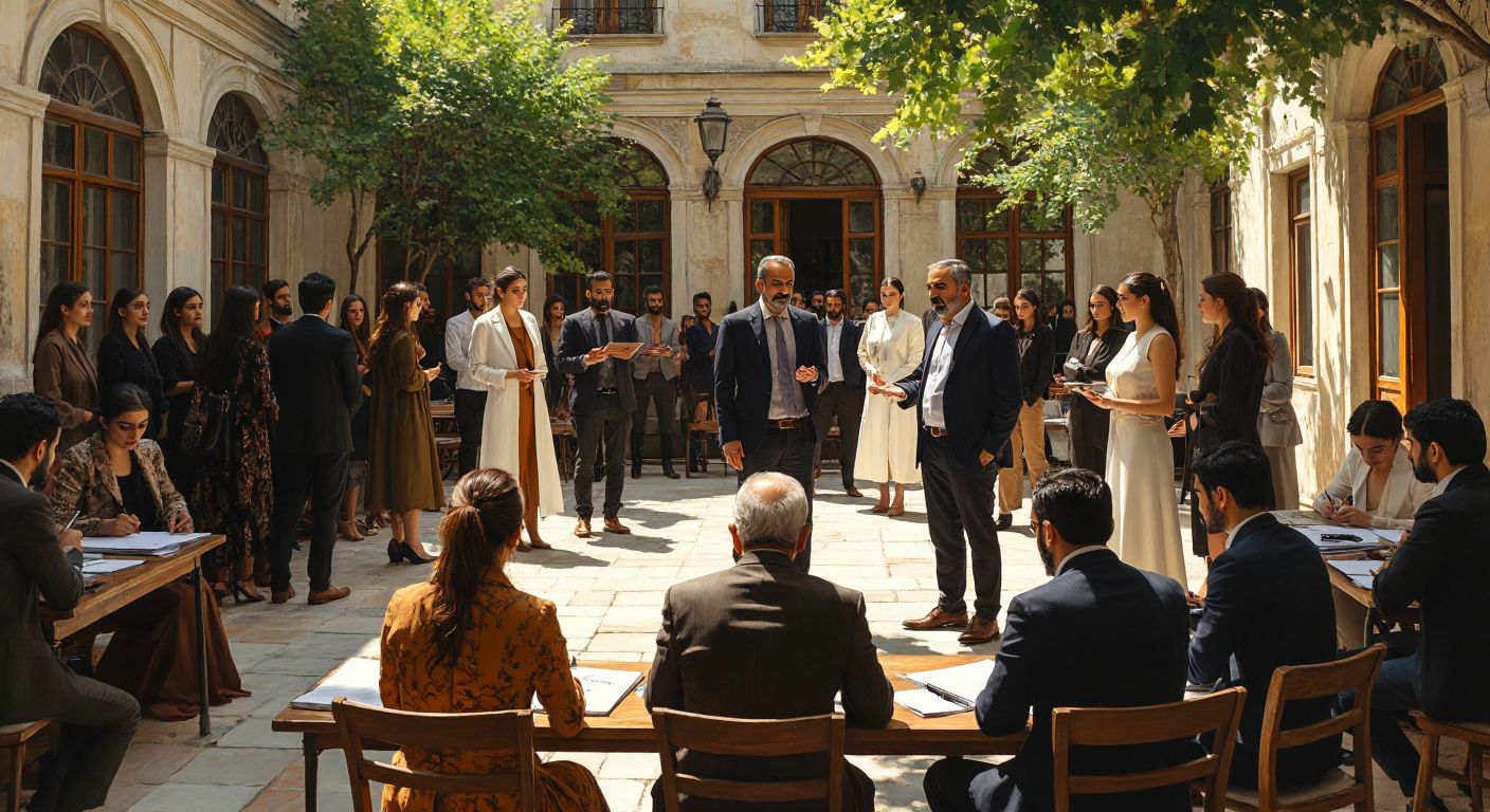 A bustling Istanbul fashion school with students sketching designs, a global finance seminar with professionals in suits, and a Turkish elder gesturing subtly in a sunlit courtyard.