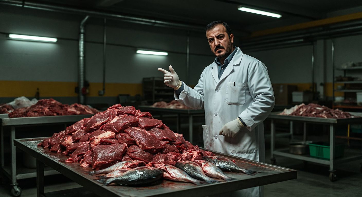 A stern Turkish agricultural inspector in a white coat and gloves stands in a dimly lit warehouse, pointing at a large pile of spoiled red meat and fish on a metal table, with a look of determination on his face.