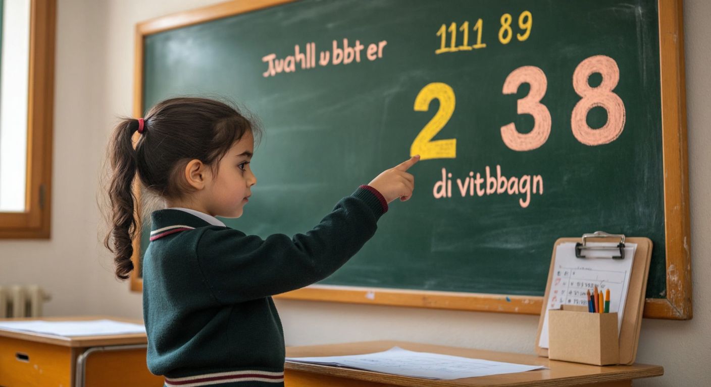 A young student in a Turkish classroom, wearing a school uniform, intently writes numbers on a chalkboard while a teacher points to the last three digits of a long number, demonstrating divisibility by 8.