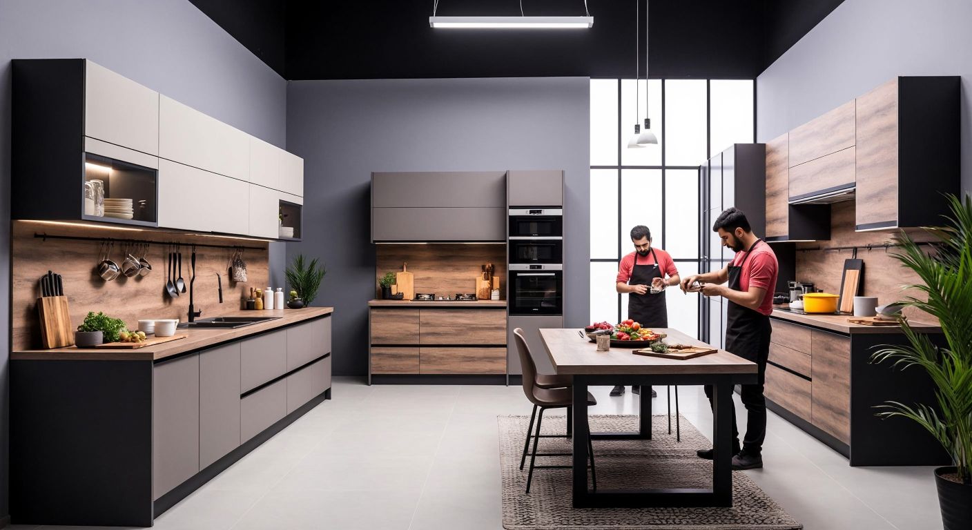 A split image showing two distinct modern Turkish kitchen sets—one sleek and minimalist (Kelebek) and the other warm and traditional (İstikbal)—with workers in branded aprons assembling cabinets in separate workshops.