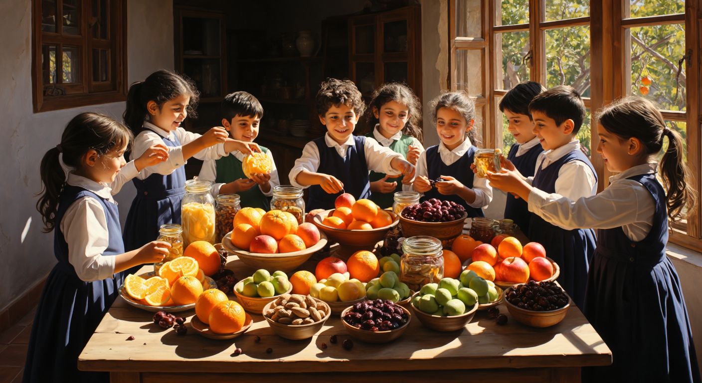 A vibrant wooden table in a sunlit Turkish classroom is filled with fresh local produce—apples, oranges, walnuts, olives, honey jars, and a bowl of ayran—surrounded by smiling children in school uniforms eagerly reaching for the treats.