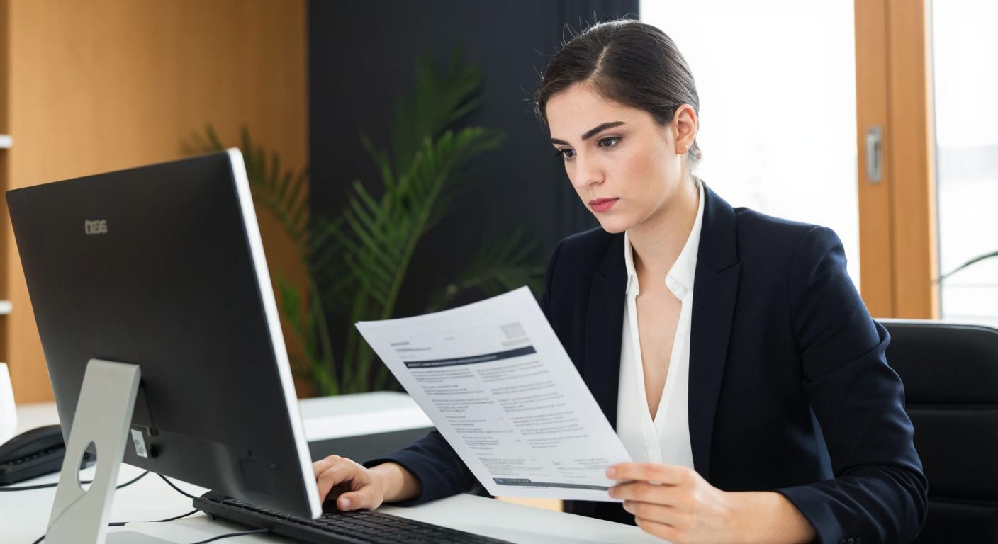 A focused young professional in a formal office setting in Turkey, holding a printed application form while browsing a website on a computer, with a determined expression.