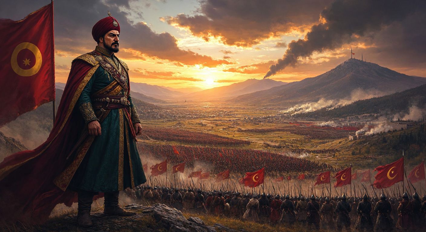 A stern-faced Yavuz Sultan Selim in Ottoman imperial robes stands atop a hill overlooking a vast battlefield, with soldiers and banners stretching toward distant mountains under a dramatic sunset, symbolizing his rapid conquests and short but impactful reign.