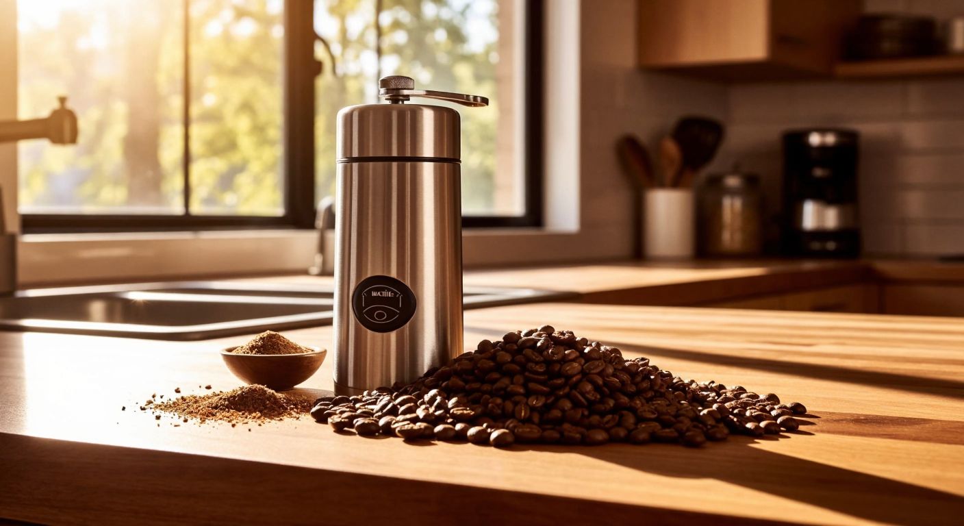 A stainless steel Kiwi spice grinder sits on a wooden kitchen counter next to freshly ground coffee beans and a small pile of aromatic spices like cardamom and cinnamon, with warm morning sunlight streaming through a window.