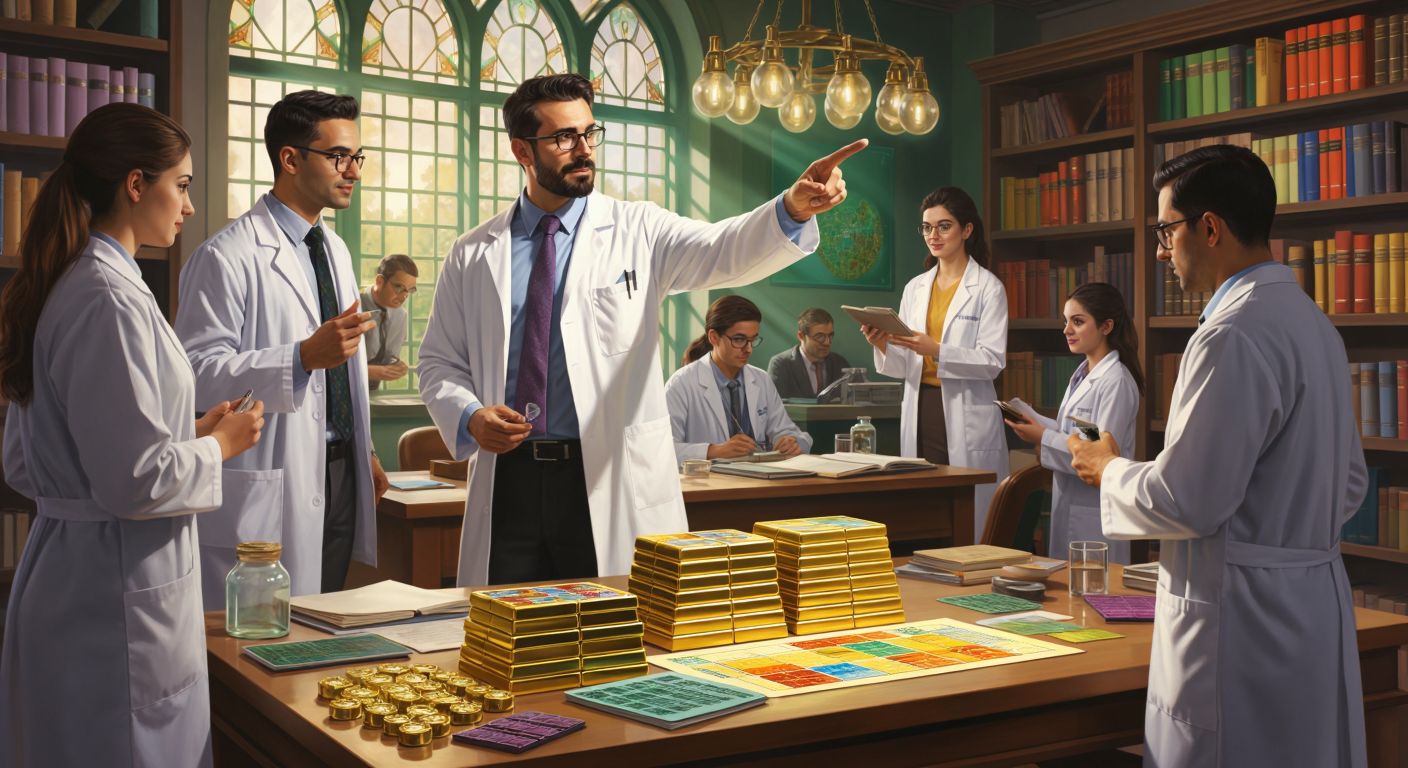 A Turkish chemistry teacher in a lab coat points to a colorful periodic table while students observe, and a businessman in a sleek office arranges stacks of gold bars and paper money by liquidity.