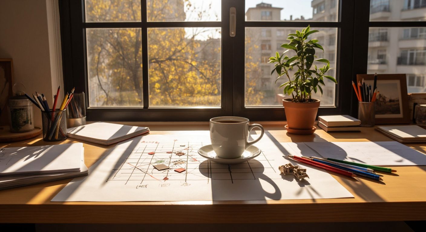 A wooden desk in a sunlit Turkish office with a neatly drawn grid on paper, divided into four quadrants, each filled with small objects symbolizing tasks—a steaming cup of çay (urgent and important), a potted plant (important but not urgent), scattered pens (urgent but not important), and a crumpled paper (neither urgent nor important).