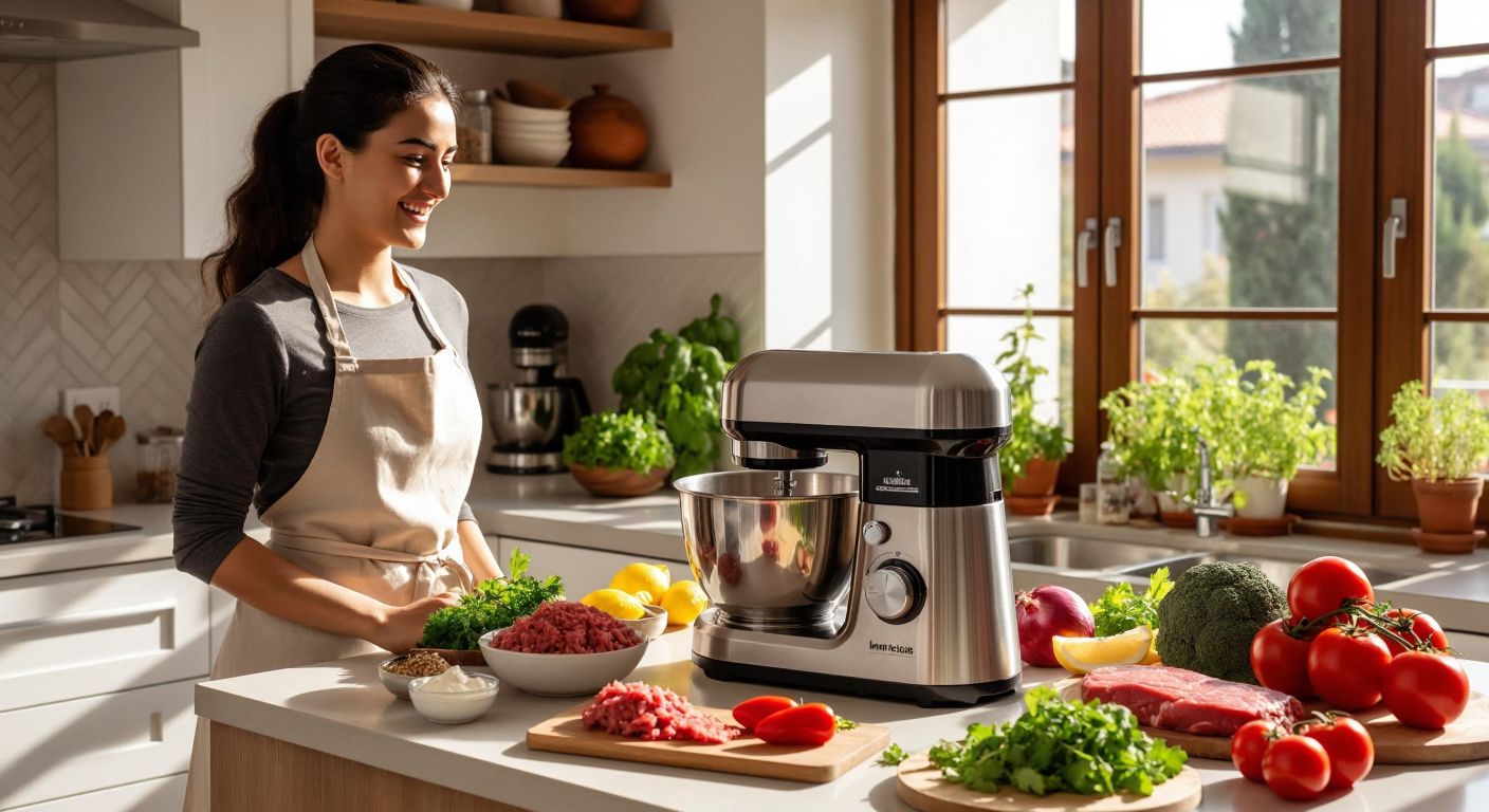 A sleek stainless steel kitchen robot sits on a sunlit countertop in a Turkish home, surrounded by freshly chopped vegetables, minced meat, and whipped cream, with a smiling woman in an apron admiring its efficiency.