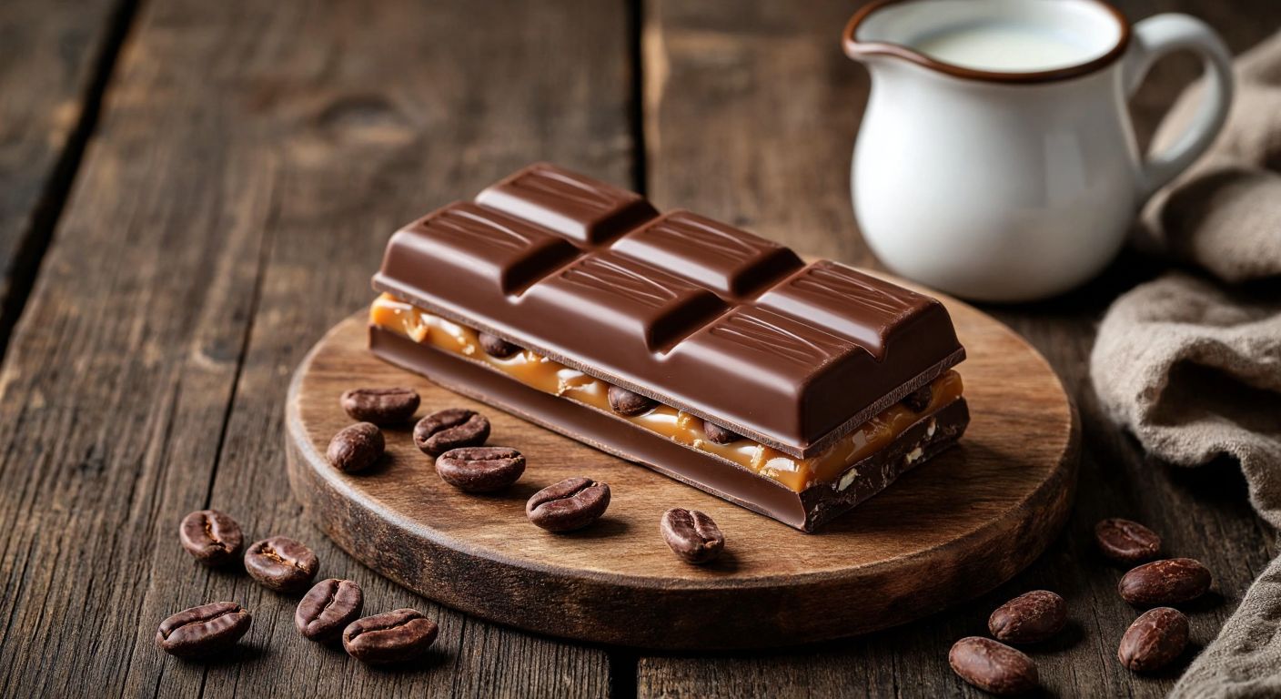 A glossy, unwrapped Mars chocolate bar with visible layers of caramel, nougat, and milk chocolate, resting on a rustic wooden table beside scattered cocoa beans and a small pitcher of fresh milk.