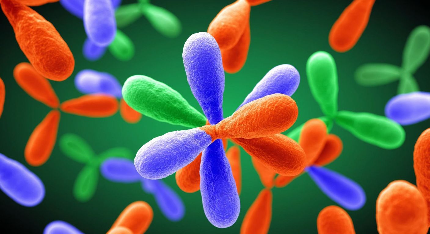 A microscopic view of colorful, intertwined chromosomes exchanging segments during cell division, symbolizing genetic diversity.