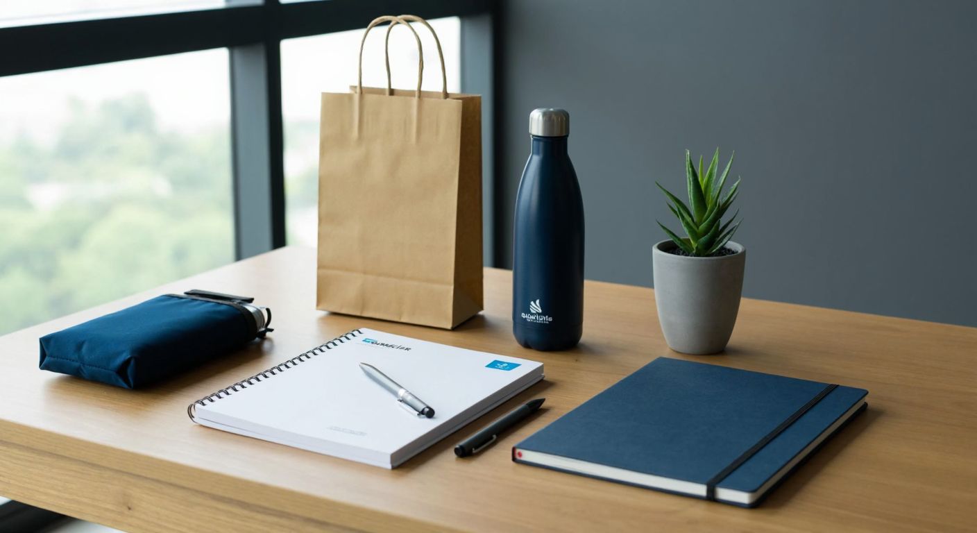 A neatly arranged welcome kit on a wooden desk in a modern Turkish office, featuring a stylish notebook, a sleek pen, a reusable water bottle, a fabric tote bag, and a small potted plant, all subtly reflecting the company's color scheme.