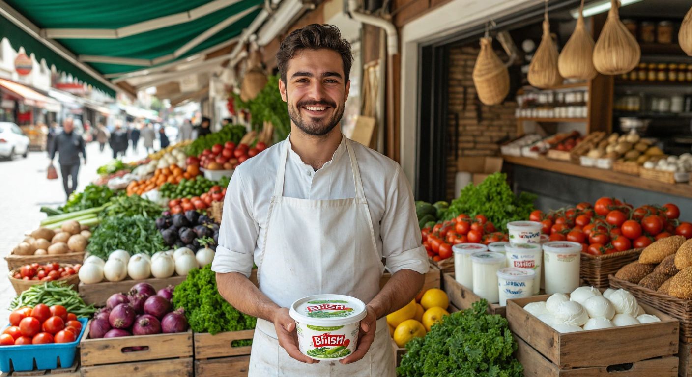A smiling grocer in a white apron holds a tub of **A-101 Birşah yoğurt** on a wooden market stall, surrounded by fresh produce and traditional Turkish dairy products.