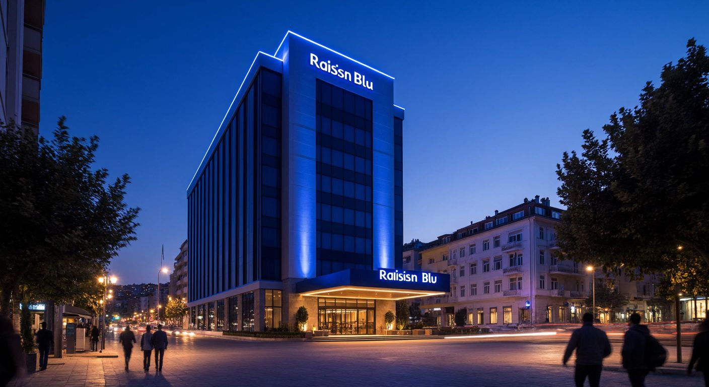 A sleek, modern hotel building with the Radisson Blu logo (without text) glowing softly at night, set against a backdrop of a bustling Turkish cityscape with warm streetlights and silhouettes of people walking nearby.