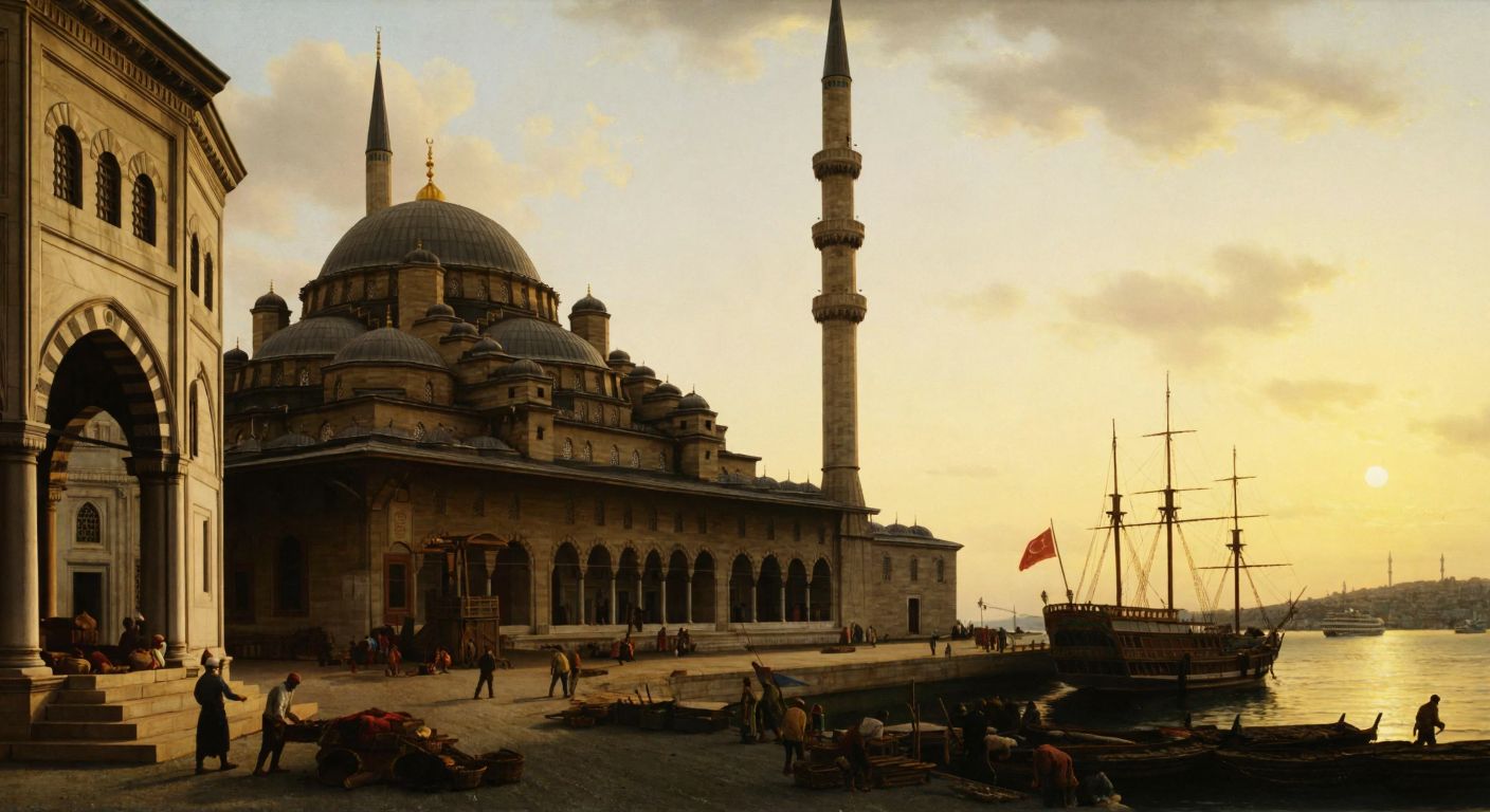 A grand Ottoman-era architectural scene featuring the Yeni Cami and Mısır Çarşısı under a golden sunset, with workers repairing Rumeli Hisarı in the distance and a merchant ship symbolizing trade with England anchored in the Bosphorus.
